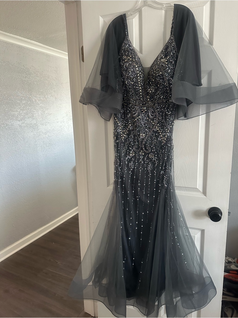 Elegant Beaded Charcoal Evening Dress